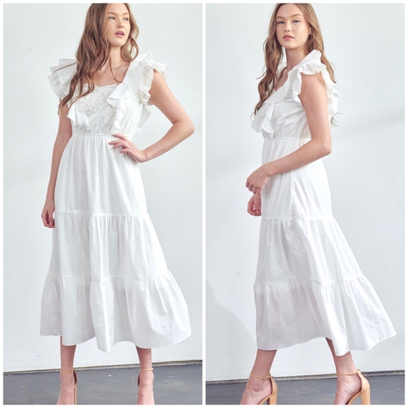 POLAGRAM White Embroidered Crochet Tiered Midi Dress - Picture 2 of 8